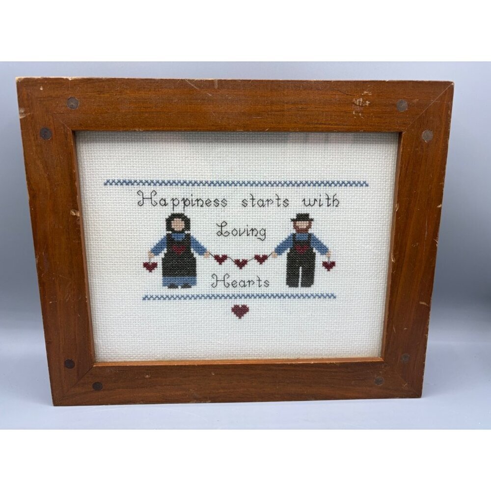 Handmade Cross Stitch‎ Framed Happiness Starts With Loving Hearts Amish